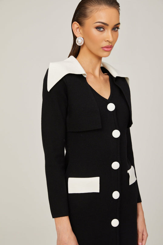 Rossella Black and White Mini Dress with V Neck Design