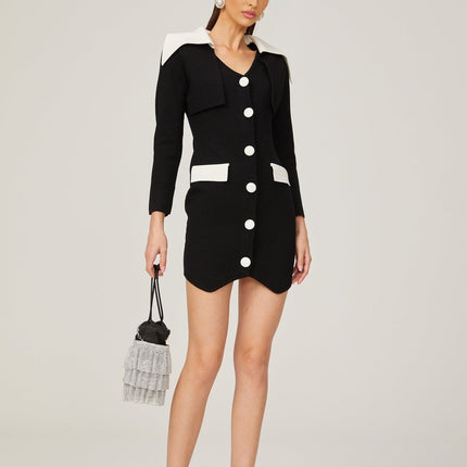 Rossella Black and White Mini Dress with V Neck Design