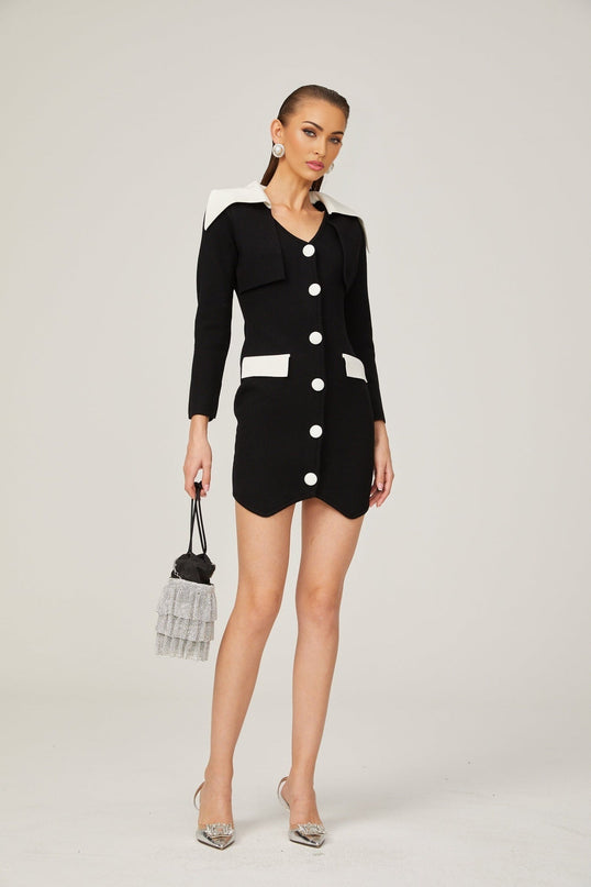 Rossella Black and White Mini Dress with V Neck Design