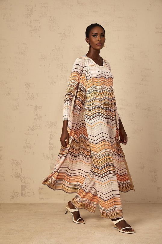 Rossella Cardigan Stripe Knit Midi & Open Front in Neutrals