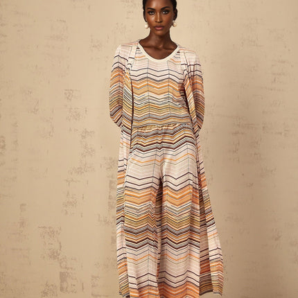 Rossella Cardigan Stripe Knit Midi & Open Front in Neutrals