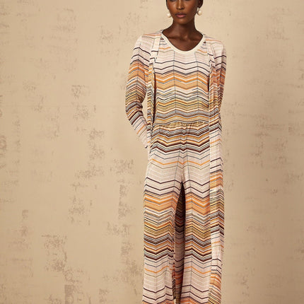 Rossella Cardigan Stripe Knit Midi & Open Front Neutrals Multicolor Stripes Long Sleeves Chic Stretch Jersey Fabric 100% Terylene Fiber