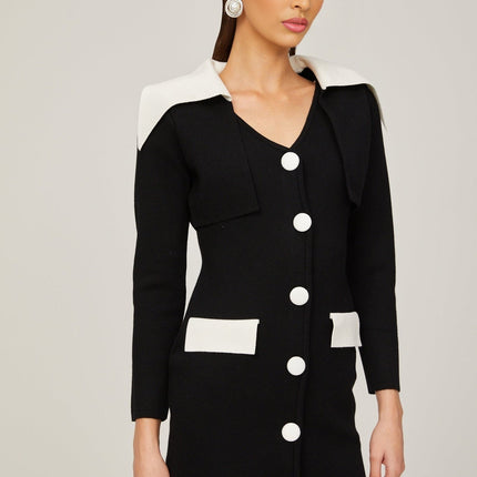 Rossella Black and White Mini Dress with V Neck Design