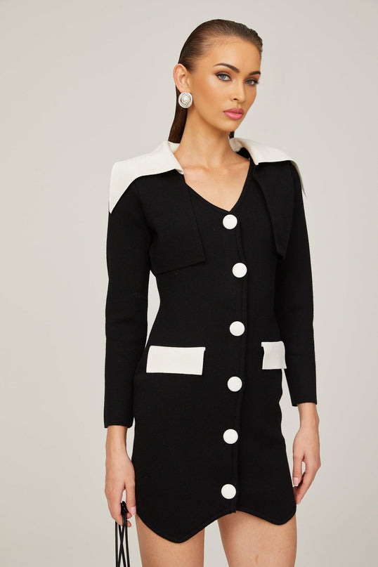 Rossella Black and White Mini Dress with V Neck Design
