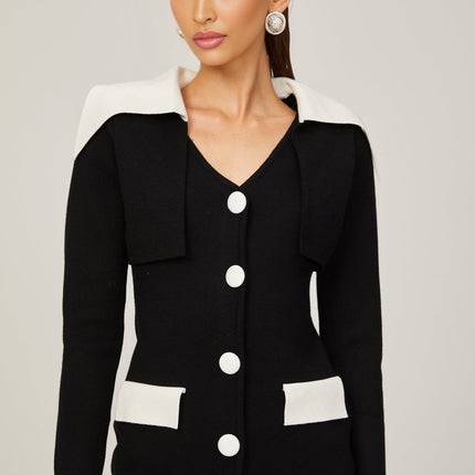 Rossella Black and White Mini Dress with V Neck Design