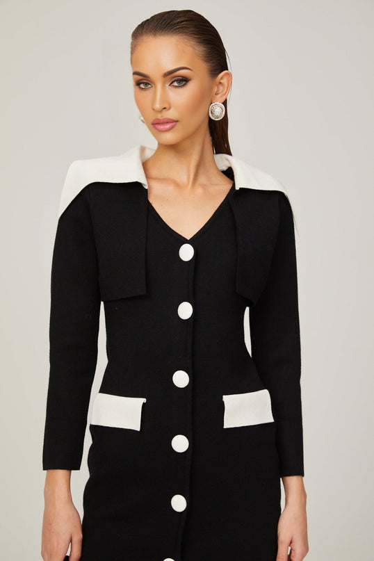 Rossella Black and White Mini Dress with V Neck Design