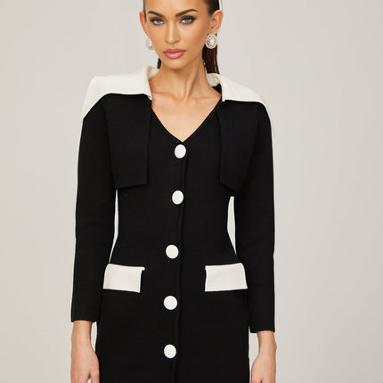 Rossella Black and White Mini Dress with V Neck Design and Faux Flap Pockets
