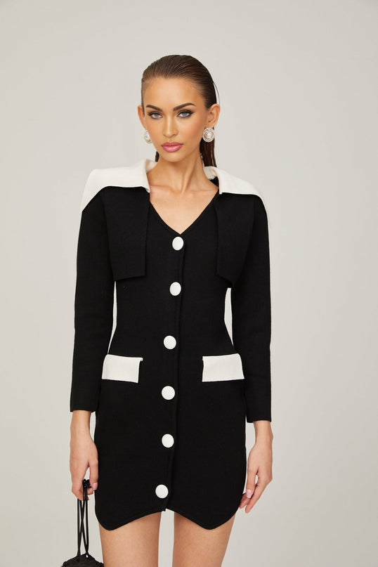 Rossella Black and White Mini Dress with V Neck Design and Faux Flap Pockets