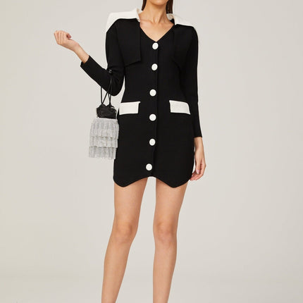 Rossella Black and White Mini Dress with V Neck Design