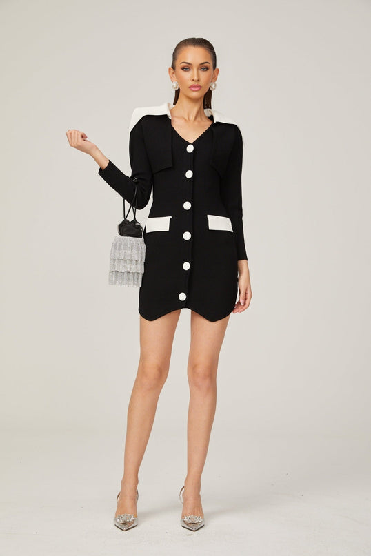 Rossella Black and White Mini Dress with V Neck Design