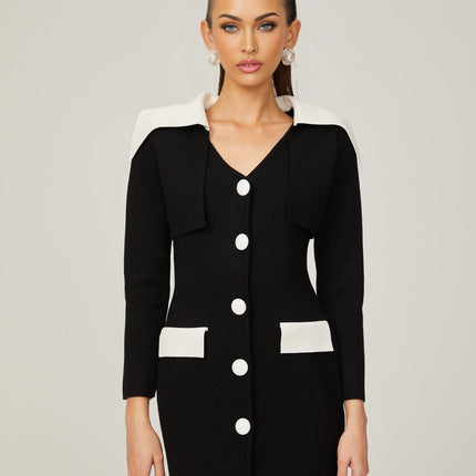 Rossella Black and White Mini Dress with V Neck Design