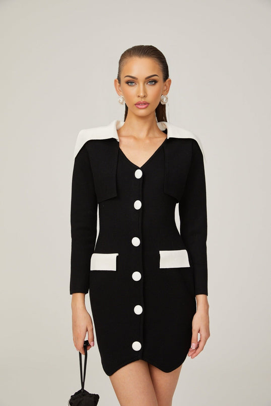 Rossella Black and White Mini Dress with V Neck Design