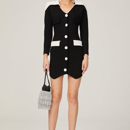 Rossella Black and White Mini Dress with V Neck Design
