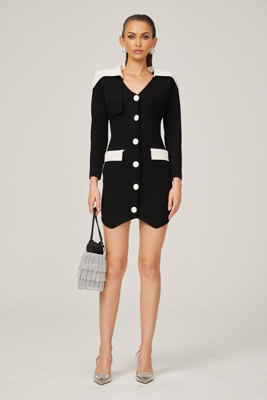 Rossella Black and White Mini Dress with V Neck Design