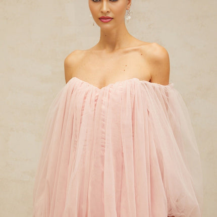 Rossella Pink Tulle Mini Dress with Off-Shoulder Design and Puff Sleeves