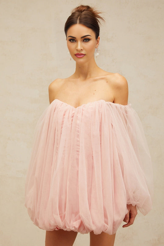 Rossella Pink Tulle Mini Dress with Off-Shoulder Design and Puff Sleeves