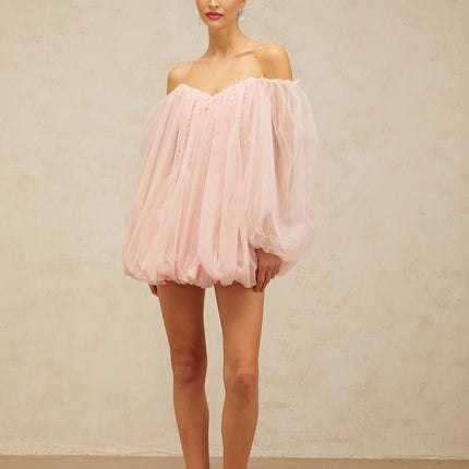 Rossella Pink Tulle Mini Dress with Off-Shoulder Design and Puff Sleeves