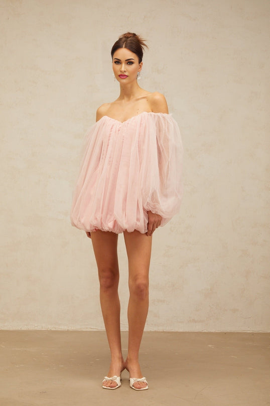 Rossella Pink Tulle Mini Dress with Off-Shoulder Design and Puff Sleeves