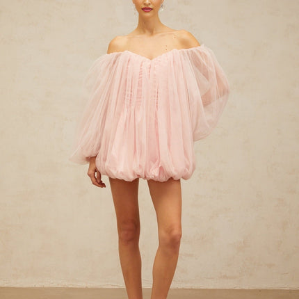 Rossella Pink Tulle Mini Dress with Off-Shoulder Design and Puff Sleeves