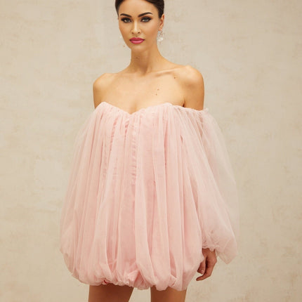 Rossella Pink Tulle Mini Dress with Off-Shoulder Design and Puff Sleeves