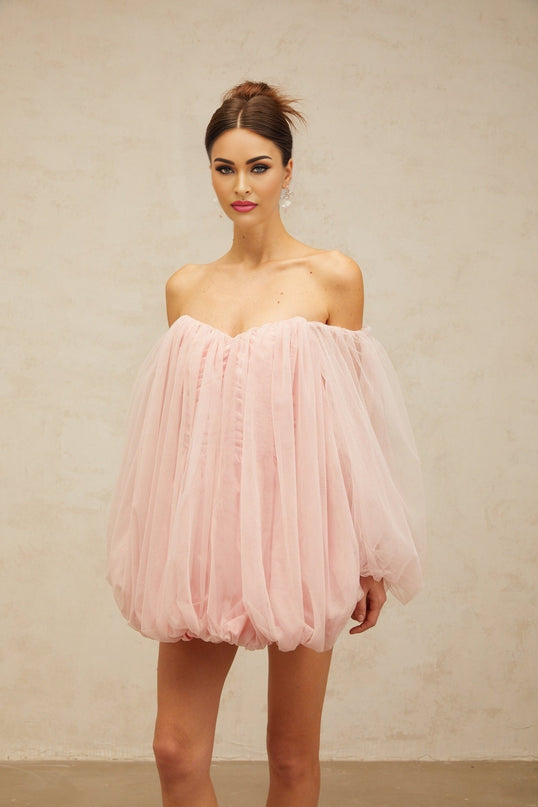 Rossella Pink Tulle Mini Dress with Off-Shoulder Design and Puff Sleeves