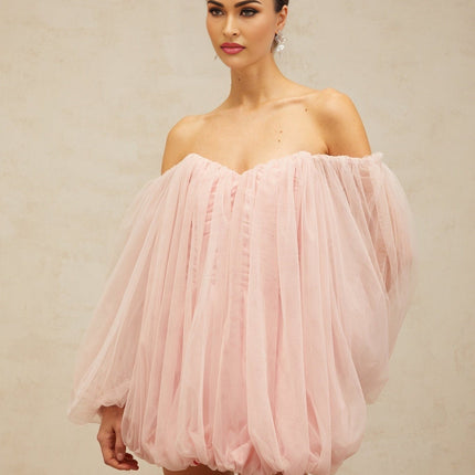 Rossella Pink Tulle Mini Dress with Off-Shoulder Design and Puff Sleeves
