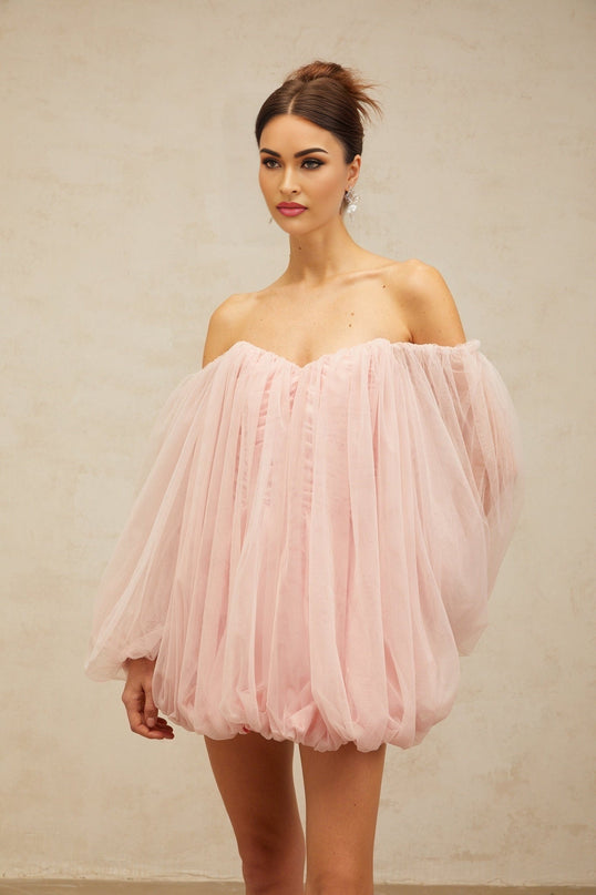 Rossella Pink Tulle Mini Dress with Off-Shoulder Design and Puff Sleeves