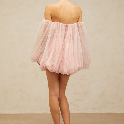 Rossella Pink Tulle Mini Dress with Off-Shoulder Design and Puff Sleeves