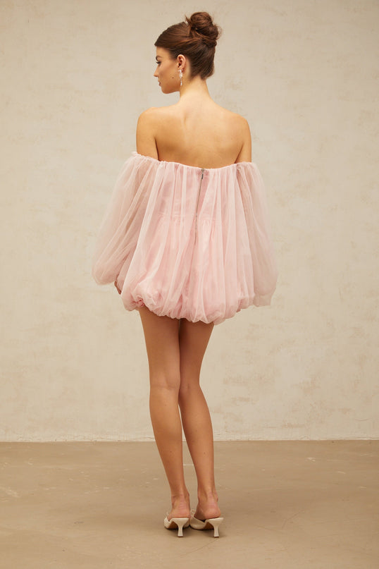 Rossella Pink Tulle Mini Dress with Off-Shoulder Design and Puff Sleeves