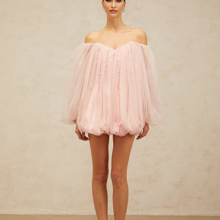 Rossella Pink Tulle Mini Dress with Off-Shoulder Design and Puff Sleeves