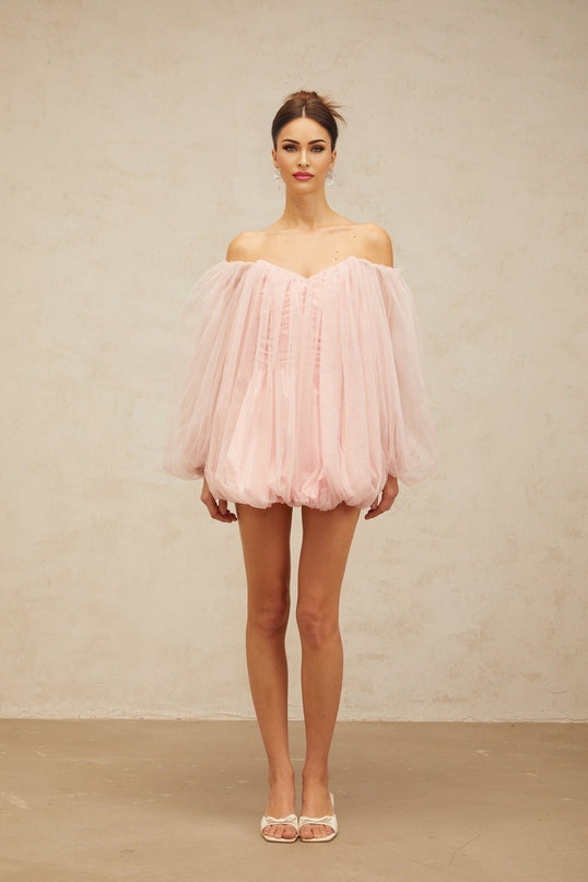 Rossella Pink Tulle Mini Dress with Off-Shoulder Design and Puff Sleeves