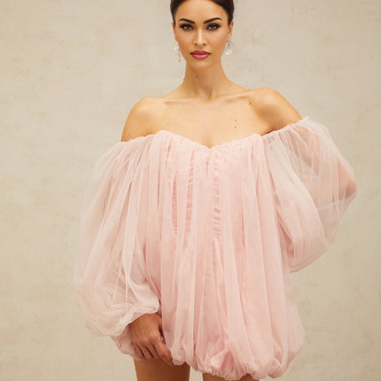 Rossella Pink Tulle Off-Shoulder Mini Dress with Puff Sleeves and Ruched Detailing