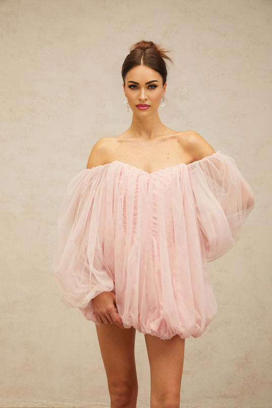 Rossella Pink Tulle Off-Shoulder Mini Dress with Puff Sleeves and Ruched Detailing