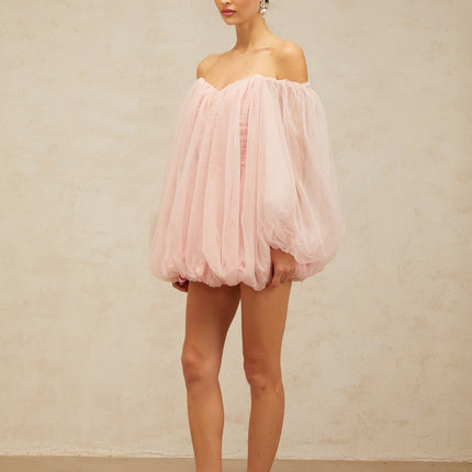 Rossella Pink Tulle Off-Shoulder Mini Dress with Puff Sleeves and Ruched Detailing