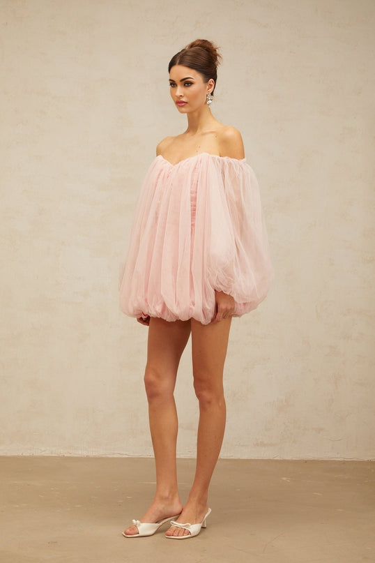 Rossella Pink Tulle Off-Shoulder Mini Dress with Puff Sleeves and Ruched Detailing