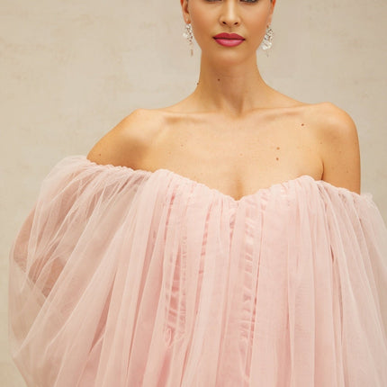 Rossella Pink Tulle Off-Shoulder Mini Dress with Puff Sleeves and Ruched Detailing