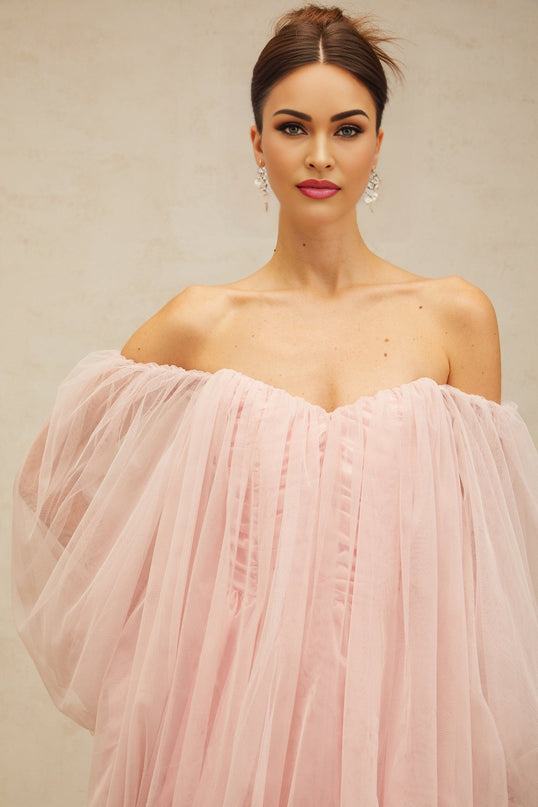 Rossella Pink Tulle Off-Shoulder Mini Dress with Puff Sleeves and Ruched Detailing