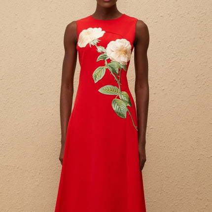 Rossella Red Floral Midi Dress A-line silhouette embroidered floral detailing cinched waist round neck sleeveless rear zip fastening Terylene fiber mid-length hem