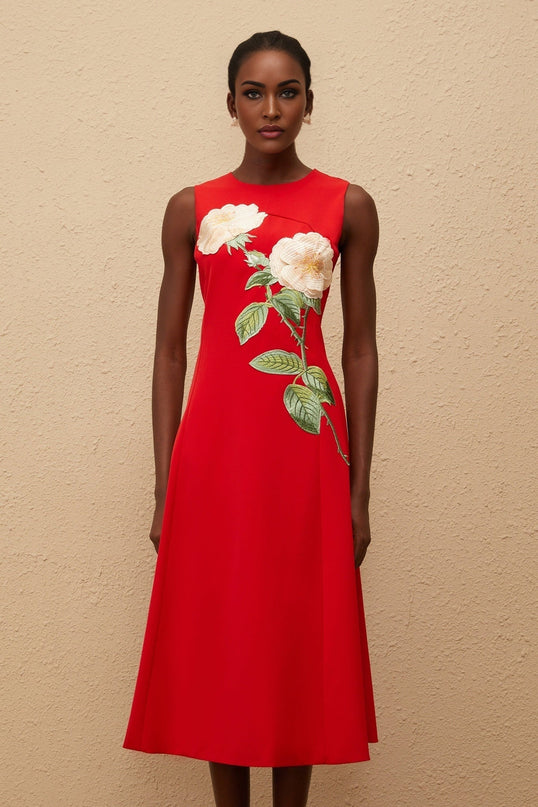 Rossella Red Floral Midi Dress A-line silhouette embroidered floral detailing cinched waist round neck sleeveless rear zip fastening Terylene fiber mid-length hem