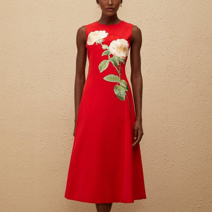 Rossella Red Floral Midi Dress A-line silhouette embroidered floral detailing cinched waist round neck sleeveless rear zip fastening Terylene fiber comfort style elegance upscale event soirée
