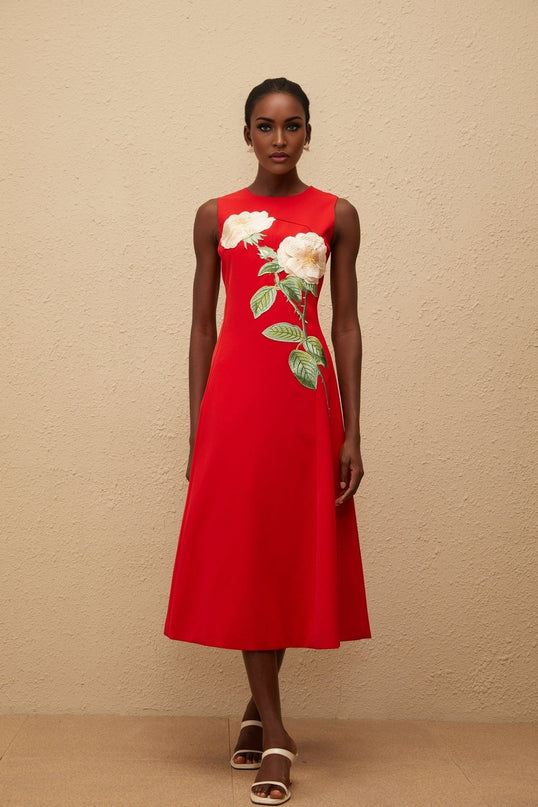 Rossella Red Floral Midi Dress A-line silhouette embroidered floral detailing cinched waist round neck sleeveless rear zip fastening Terylene fiber comfort style elegance upscale event soirée