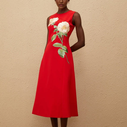 Rossella Red Floral Midi Dress A-line silhouette embroidered floral detailing cinched waist round neck sleeveless timeless sophistication mid-length hem rear zip fastening Terylene fiber comfort style elegant statement piece upscale event soirée