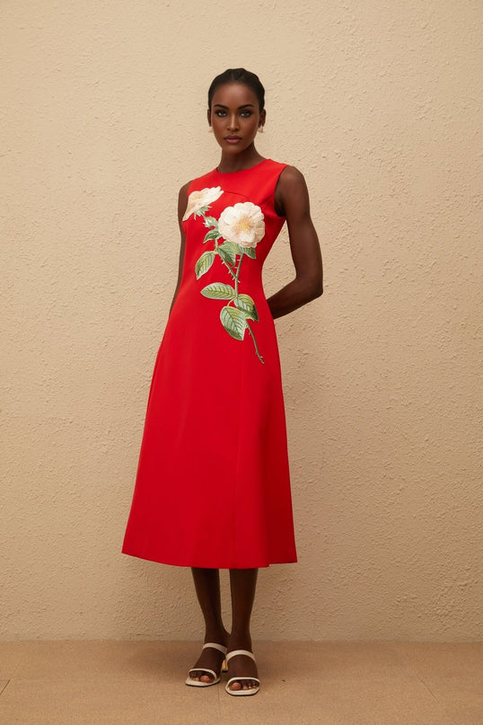 Rossella Red Floral Midi Dress A-line silhouette embroidered floral detailing cinched waist round neck sleeveless timeless sophistication mid-length hem rear zip fastening Terylene fiber comfort style elegant statement piece upscale event soirée