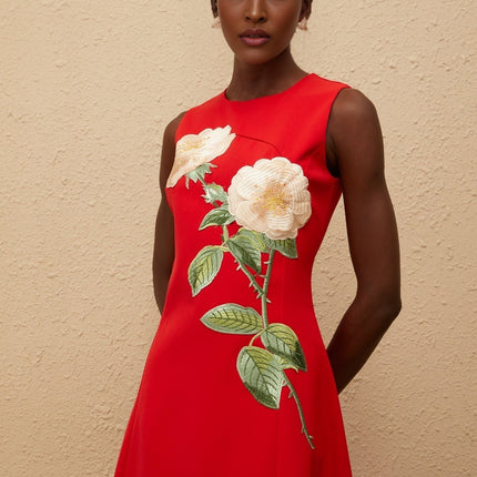 Rossella Red Floral Midi Dress A-line Embroidered Sleeveless Cinched Waist Round Neck Modern Terylene Fiber Elegant Sophistication