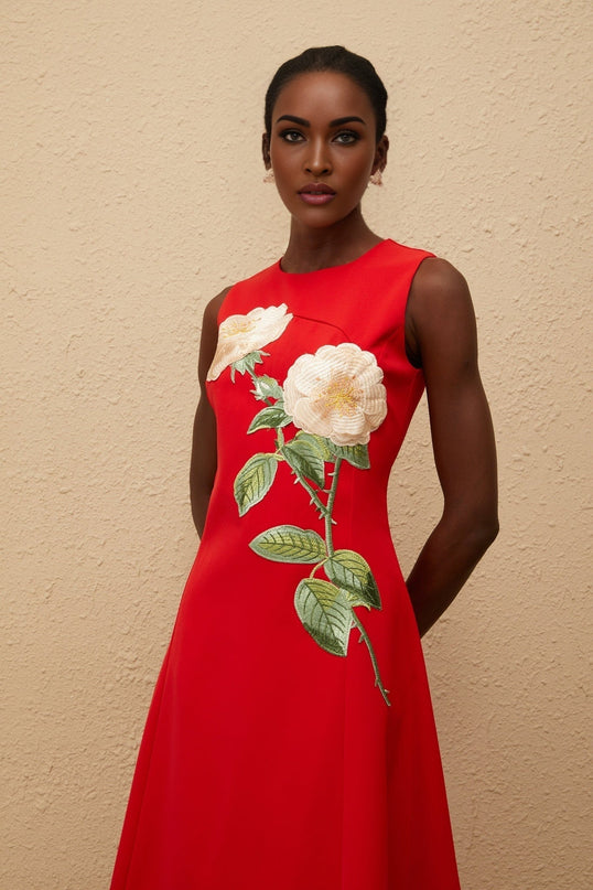 Rossella Red Floral Midi Dress A-line Embroidered Sleeveless Cinched Waist Round Neck Modern Terylene Fiber Elegant Sophistication