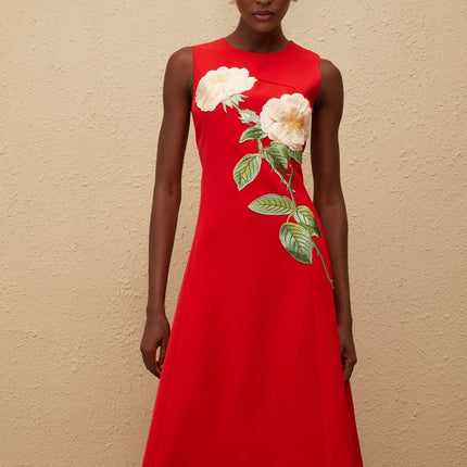 Rossella Red Floral Midi Dress A-line silhouette cinched waist elegant round neck embroidered floral detailing sleeveless masterpiece mid-length hem rear zip fastening Terylene fiber comfort style upscale event soirée