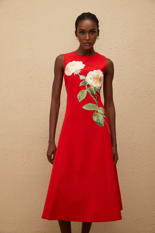 Rossella Red Floral Midi Dress A-line silhouette cinched waist elegant round neck embroidered floral detailing sleeveless masterpiece mid-length hem rear zip fastening Terylene fiber comfort style upscale event soirée
