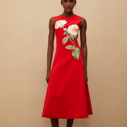Rossella Red Floral Midi Dress A-line Embroidered Sleeveless Cinched Waist Round Neck Modern Terylene Fiber Elegant Sophisticated