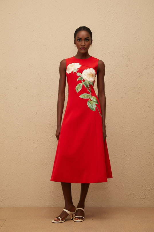 Rossella Red Floral Midi Dress A-line Embroidered Sleeveless Cinched Waist Round Neck Modern Terylene Fiber Elegant Sophisticated