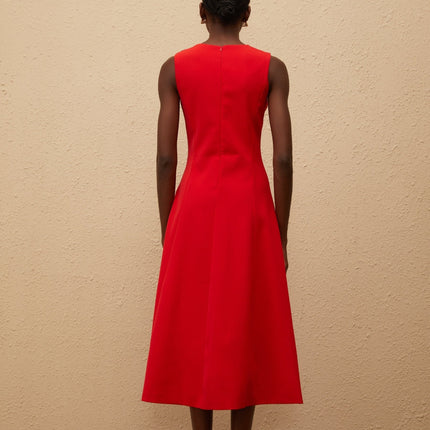 Rossella Red Floral Midi Dress A-line Embroidered Sleeveless Cinched Waist Round Neck Zip Fastening Terylene Fiber